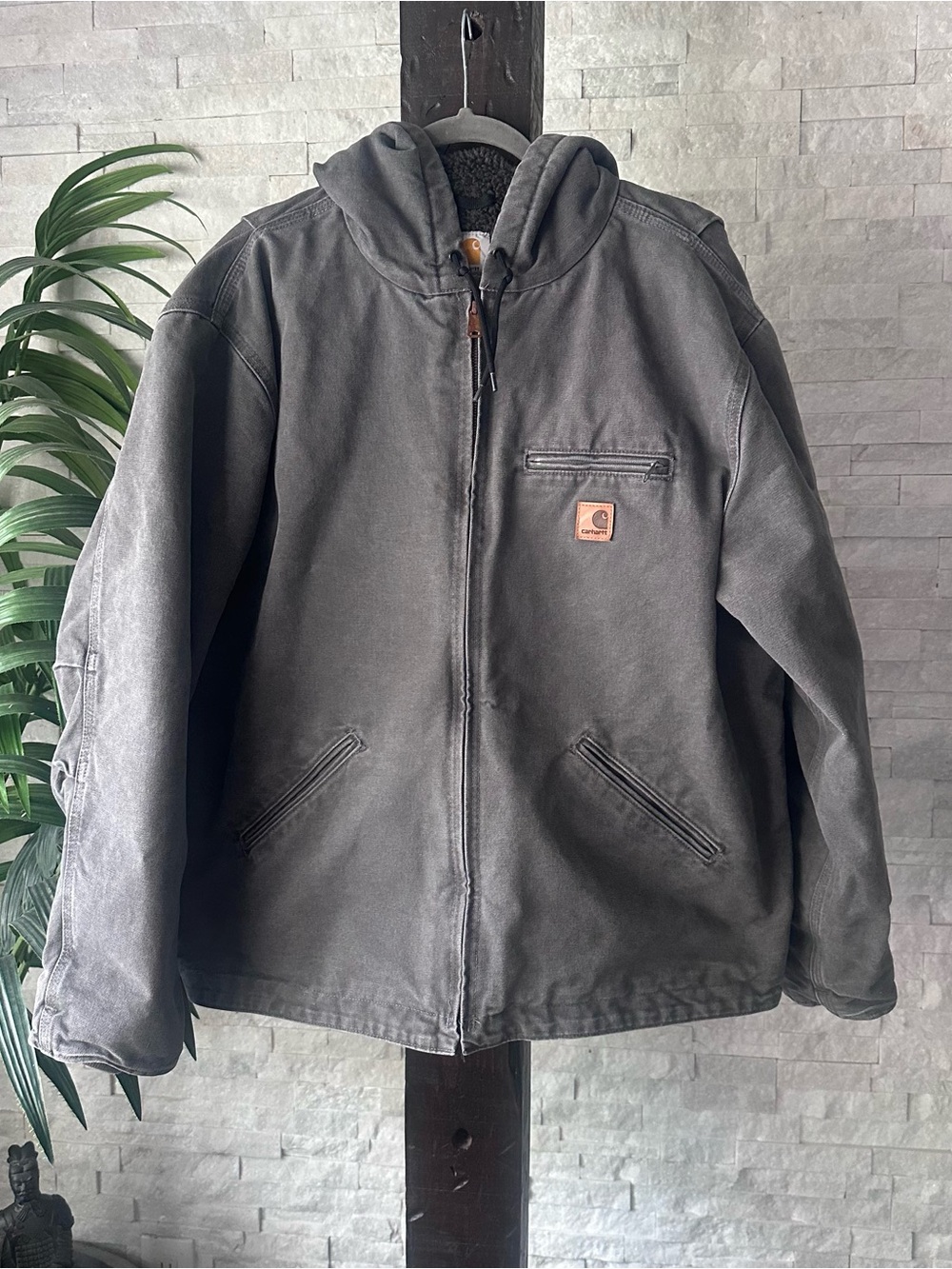 Carhartt Hooded Sandstone Sierra Sherpa Lined Work Jacket Charcoal Grey Size XL